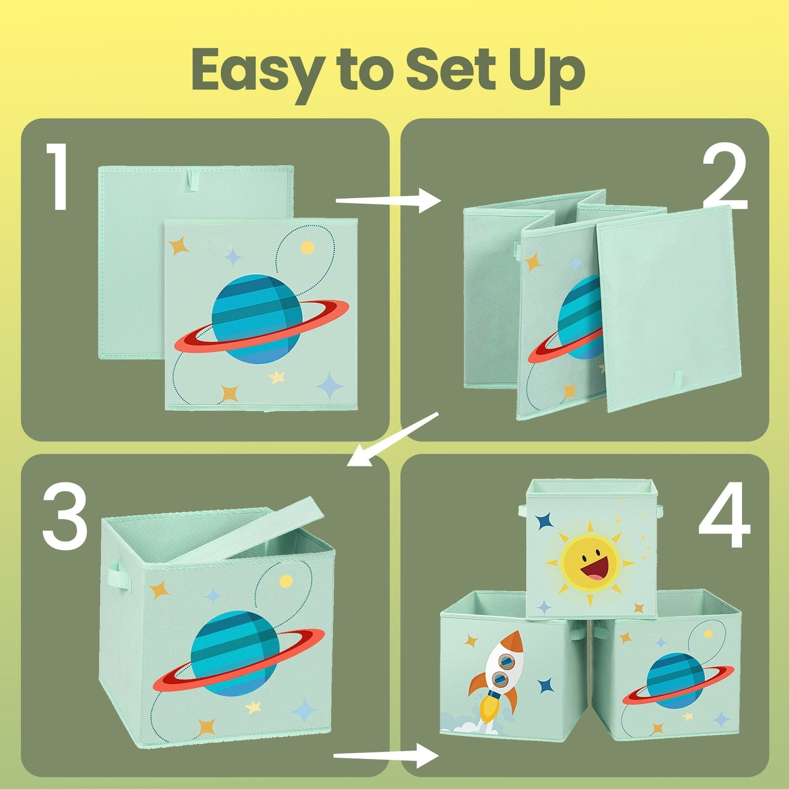 Set of 3 Toy Organizer Storage Boxes – Fabric – Blue, Green, Pink – Foldable with Handles, Space Theme