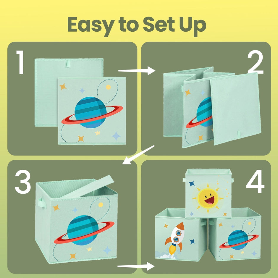 Set of 3 Toy Organizer Storage Boxes – Fabric – Blue, Green, Pink – Foldable with Handles, Space Theme