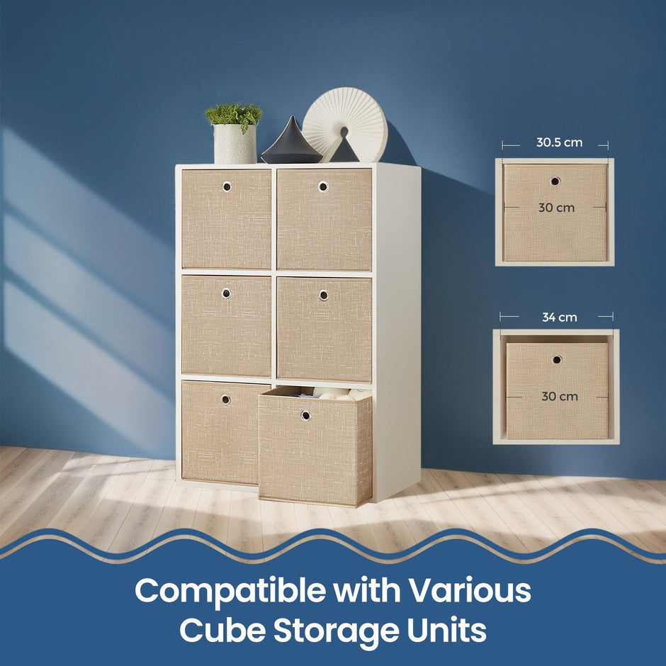 Foldable Storage Boxes – Fabric – Sand Beige – Set of 6, 30 x 30 x 30 cm, Ideal for Cube Storage Units and Clothes Storage