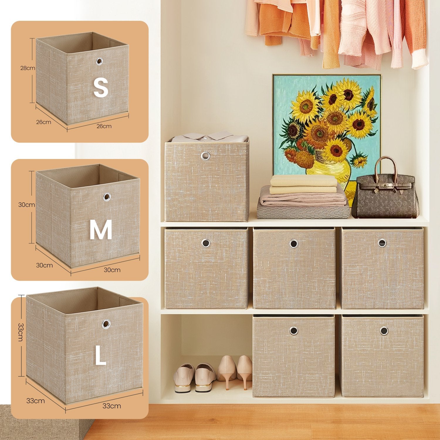 Foldable Storage Boxes – Fabric – Sand Beige – Set of 6, 30 x 30 x 30 cm, Ideal for Cube Storage Units and Clothes Storage