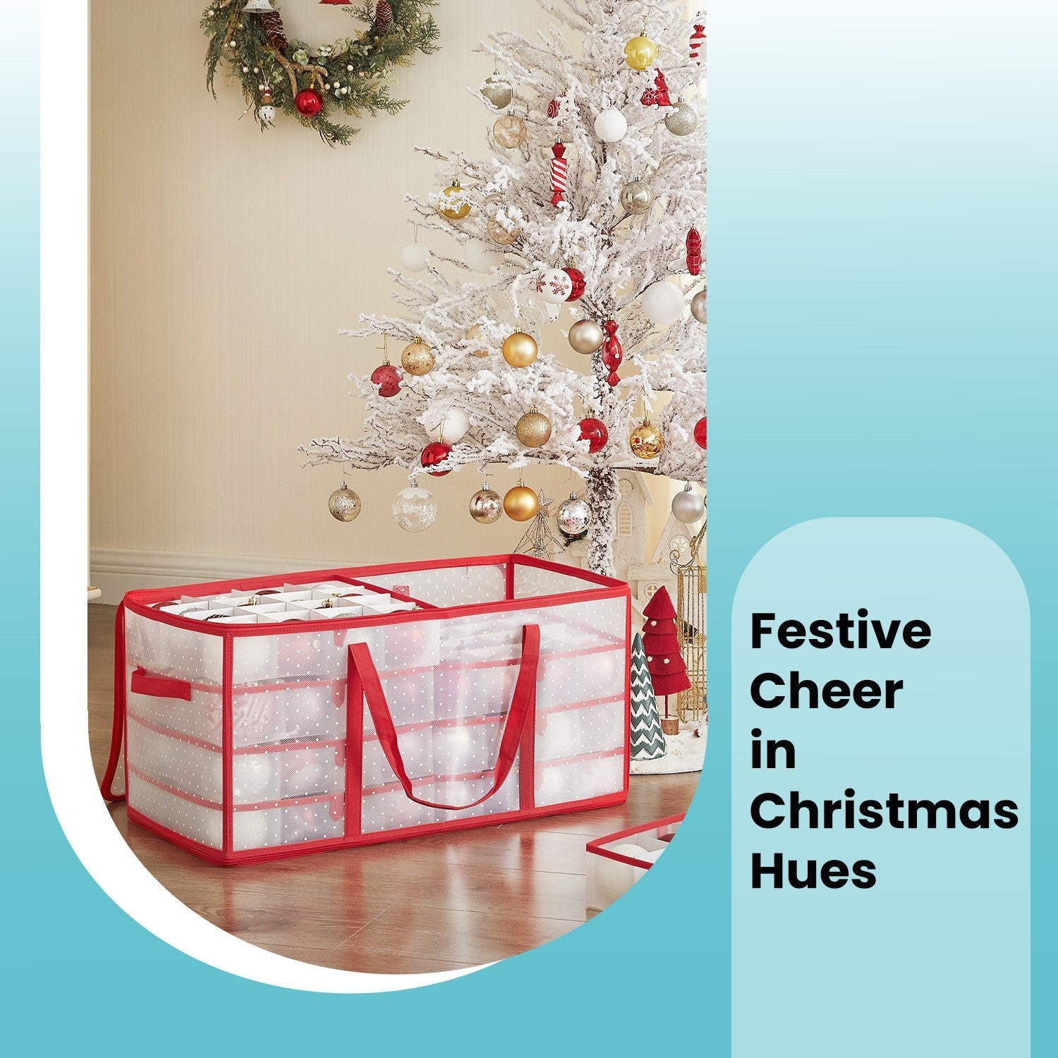 Christmas Ornament Storage Box – Fabric – Cherry Red – 128 Slots with Modular Dividers