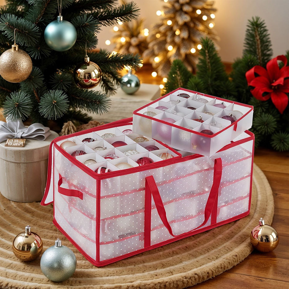 Christmas Ornament Storage Box – Fabric – Cherry Red – 128 Slots with Modular Dividers