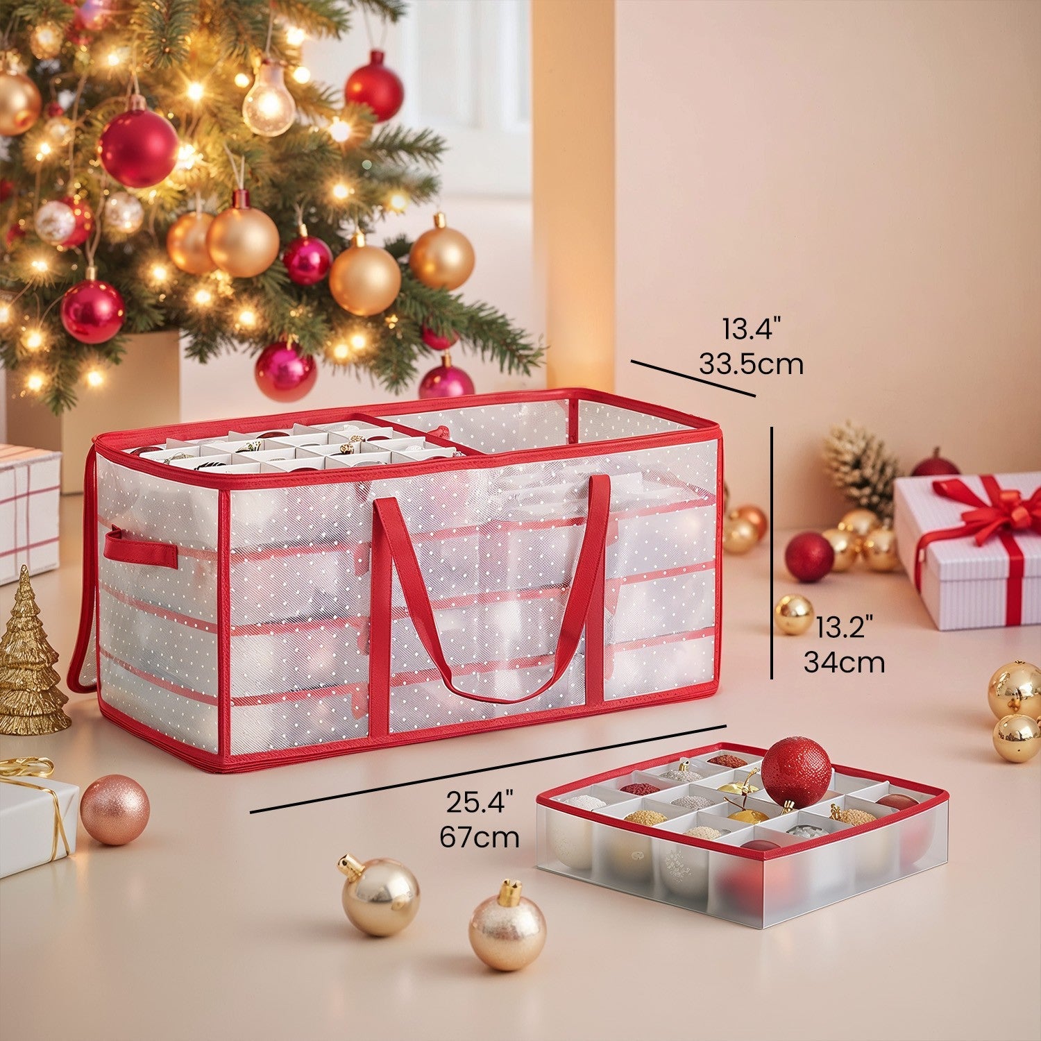 Christmas Ornament Storage Box – Fabric – Cherry Red – 128 Slots with Modular Dividers