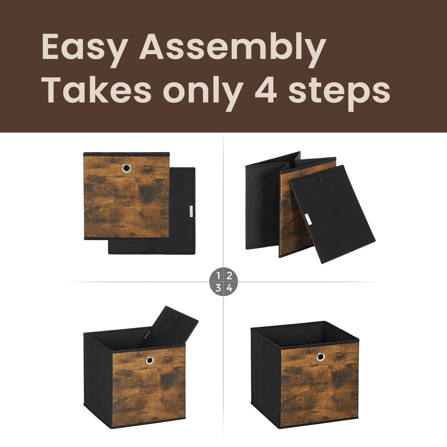 Set of 6 Foldable Storage Boxes – Non-Woven and Oxford Fabric – Rustic Brown and Black – 30 x 30 x 30 cm, Suitable for Cubic Furniture