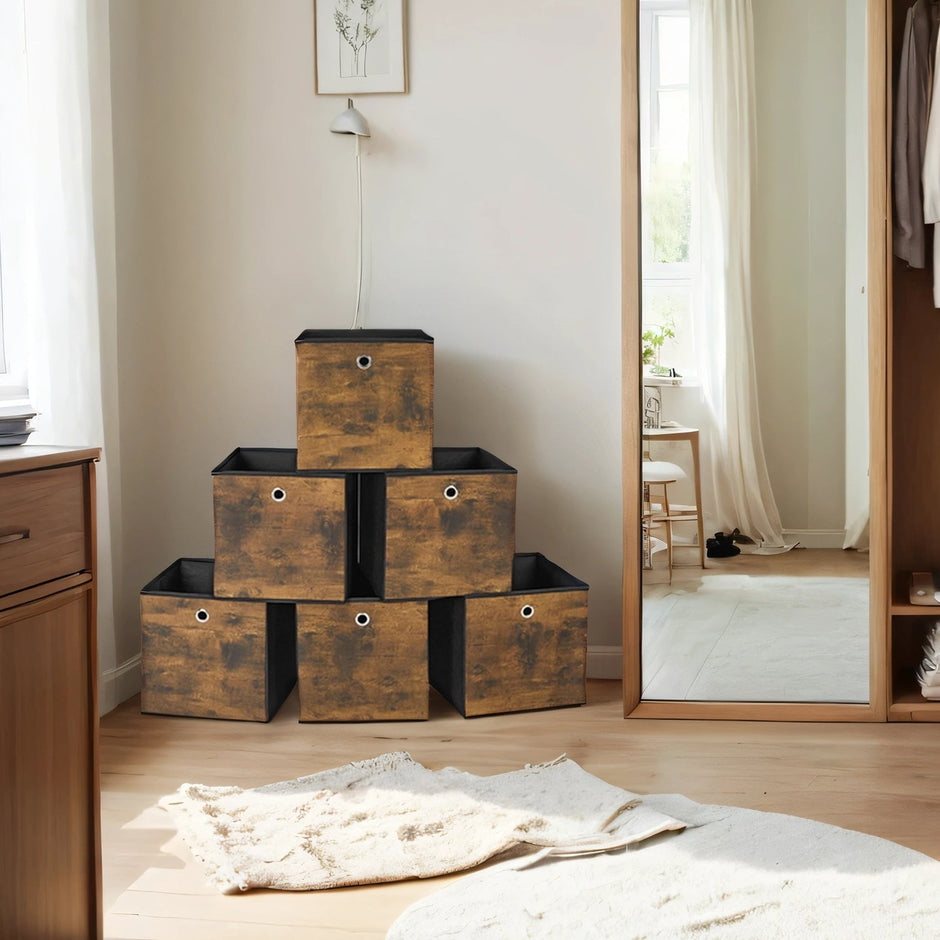 Set of 6 Foldable Storage Boxes – Non-Woven and Oxford Fabric – Rustic Brown and Black – 30 x 30 x 30 cm, Suitable for Cubic Furniture