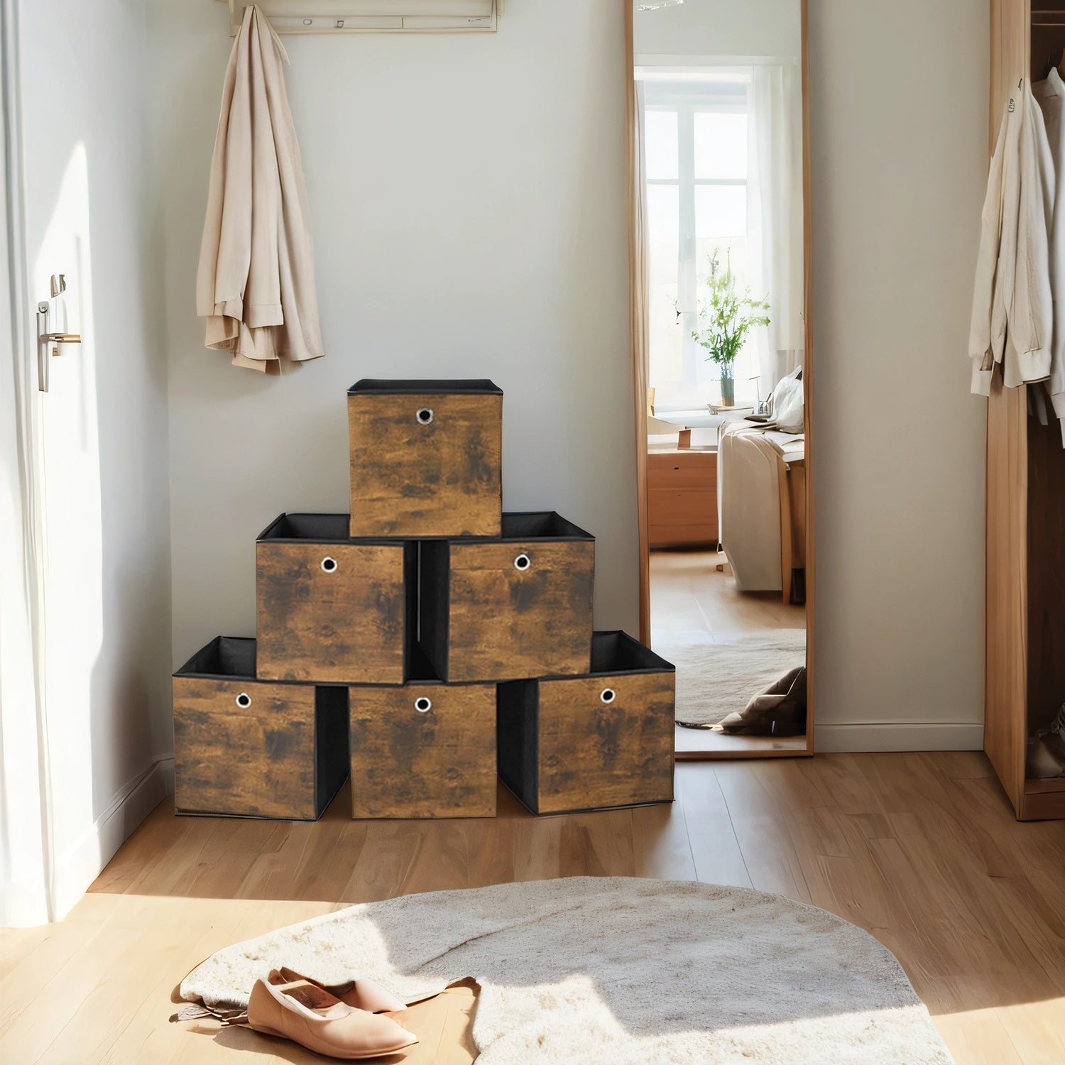 Set of 6 Foldable Storage Boxes – Non-Woven and Oxford Fabric – Rustic Brown and Black – 30 x 30 x 30 cm, Suitable for Cubic Furniture