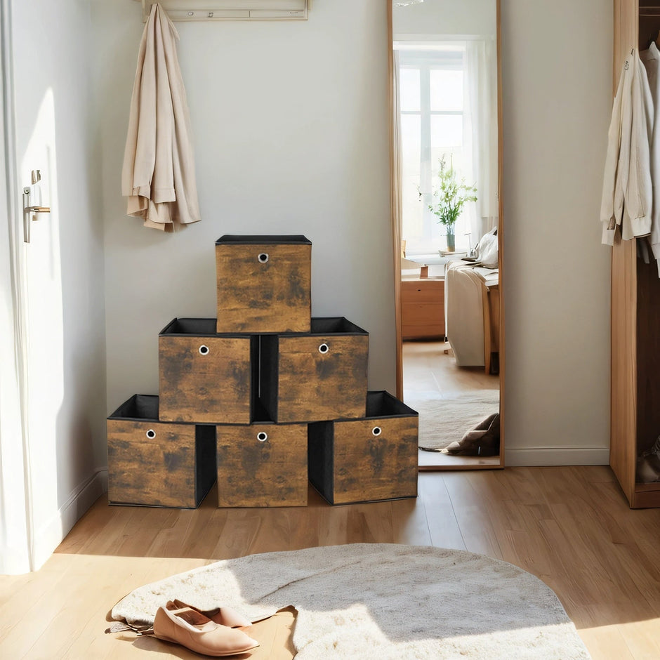 Set of 6 Foldable Storage Boxes – Non-Woven and Oxford Fabric – Rustic Brown and Black – 30 x 30 x 30 cm, Suitable for Cubic Furniture