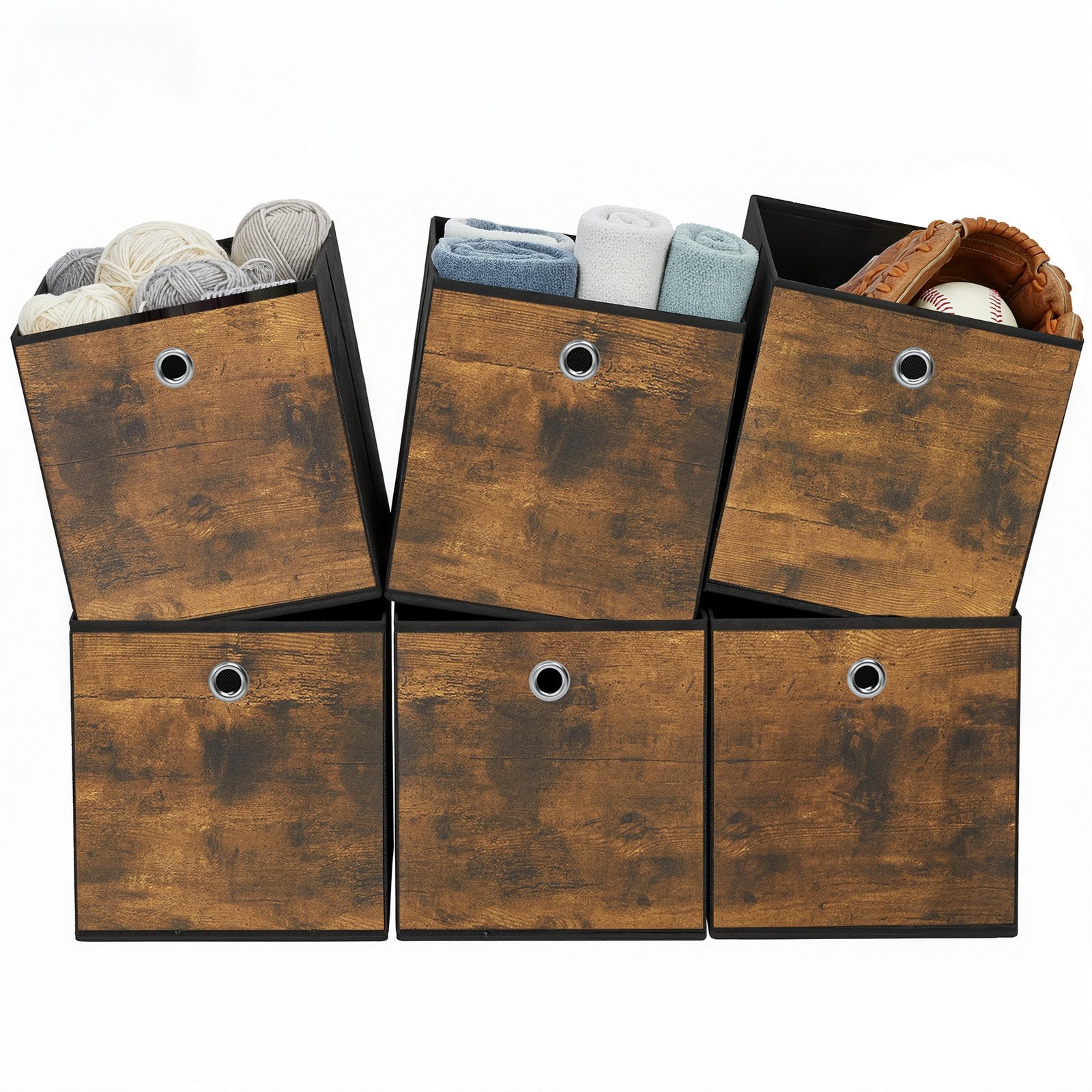 Storage Cubes – Oxford and Non-Woven Fabric – Rustic Brown and Black – Foldable Set of 6 with Handle
