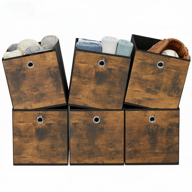 Storage Cubes – Oxford and Non-Woven Fabric – Rustic Brown and Black – Foldable Set of 6 with Handle
