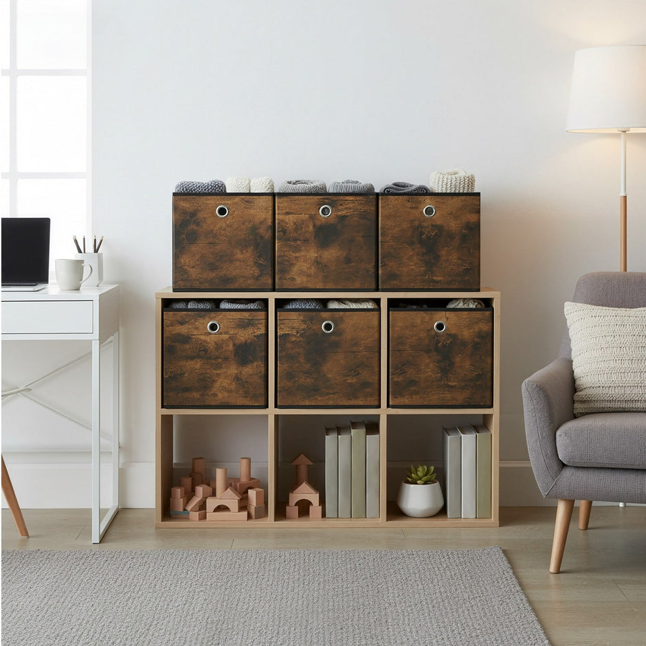 Storage Cubes – Oxford and Non-Woven Fabric – Rustic Brown and Black – Foldable Set of 6 with Handle