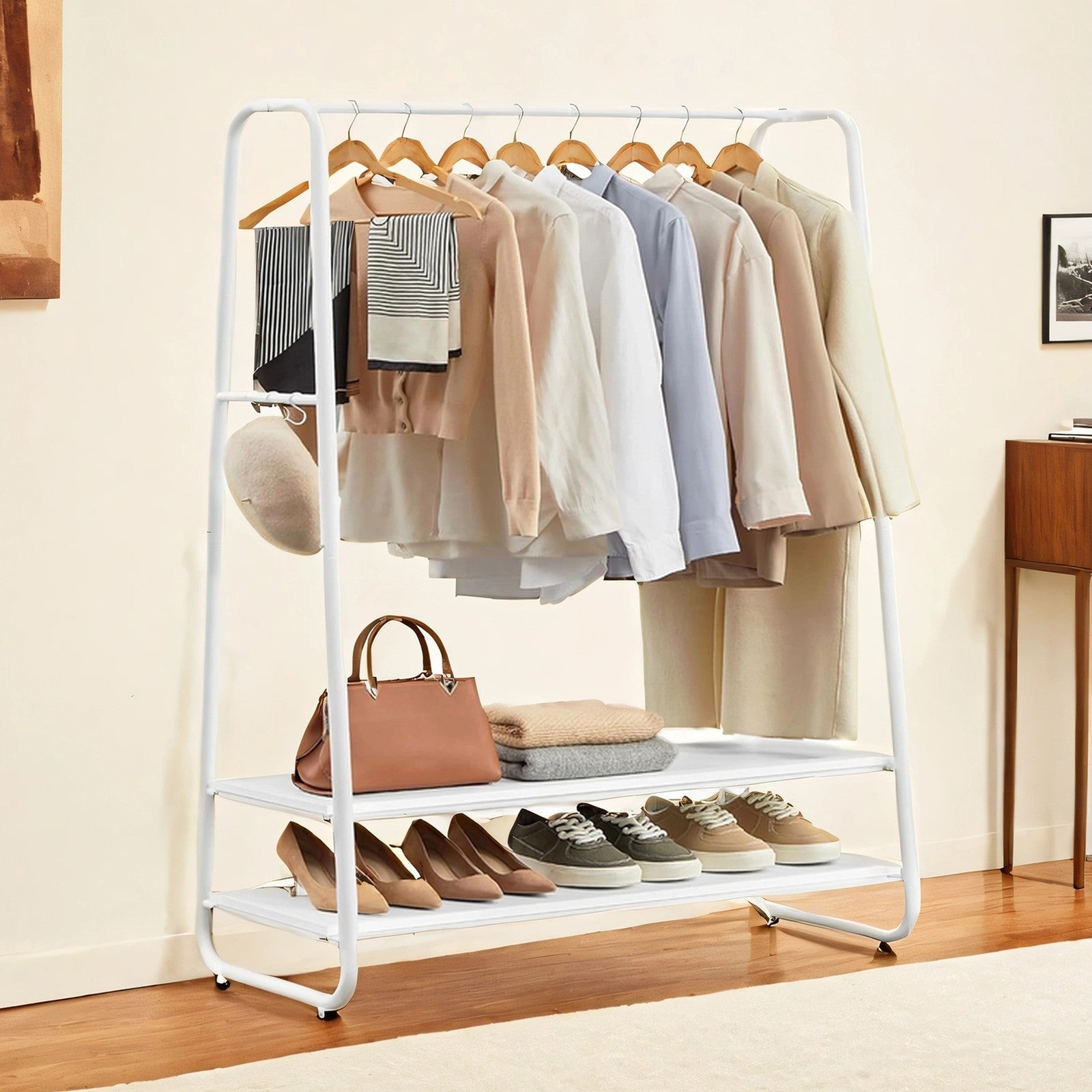 Heavy-Duty Clothes Rack – Steel – Cloud & Matte White – 2 Shelves and 6 S-Hooks