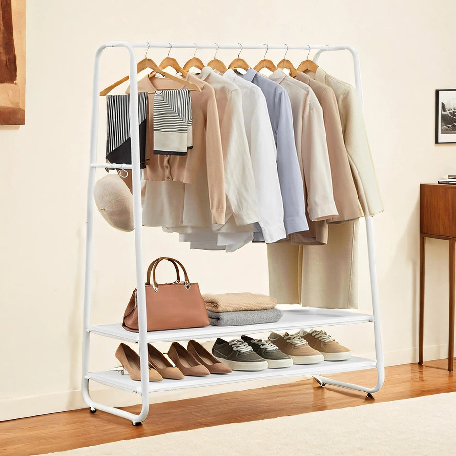 Heavy-Duty Clothes Rack – Steel – Cloud & Matte White – 2 Shelves and 6 S-Hooks
