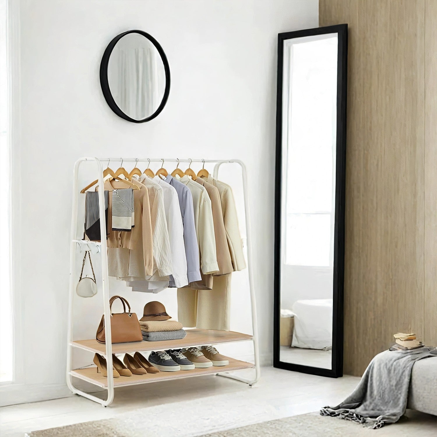 Clothes Rack – Steel – Rustic Brown and Black – Heavy-Duty with 2 Shelves and 6 S Hooks