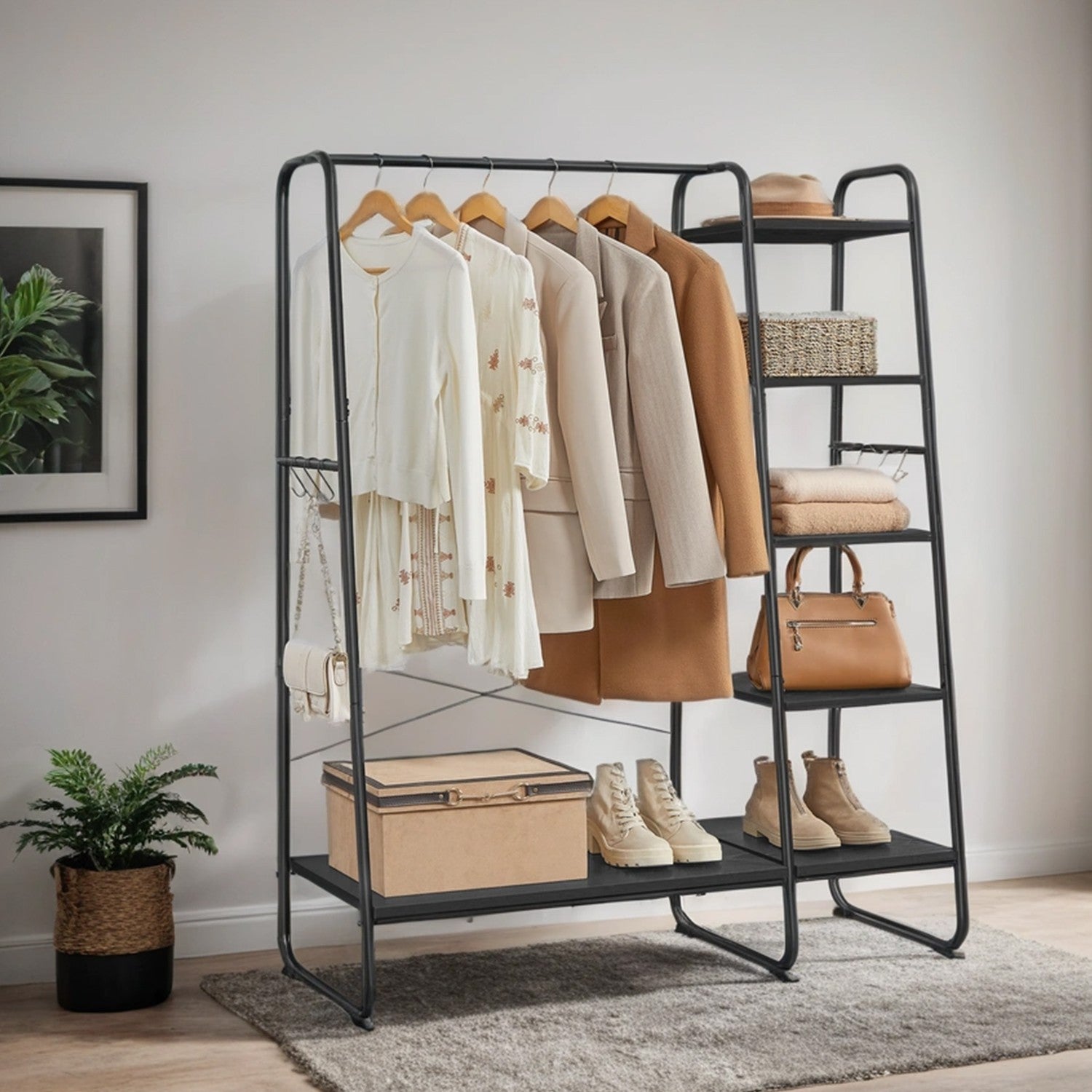 Garment Rack – Metal and Wood – Ebony Black – Shoe Shelf, 5-Tier Storage, 6 Side Hooks
