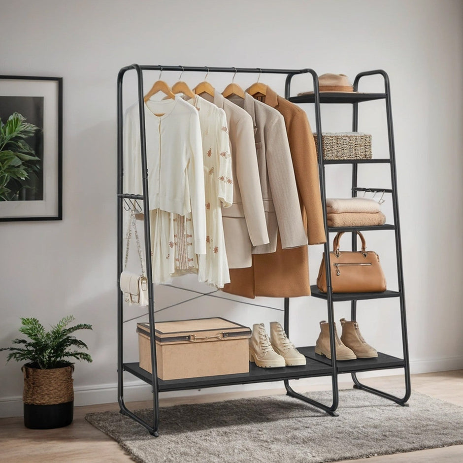 Garment Rack – Metal and Wood – Ebony Black – Shoe Shelf, 5-Tier Storage, 6 Side Hooks