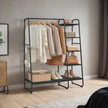 Garment Rack – Metal and Wood – Ebony Black – Shoe Shelf, 5-Tier Storage, 6 Side Hooks