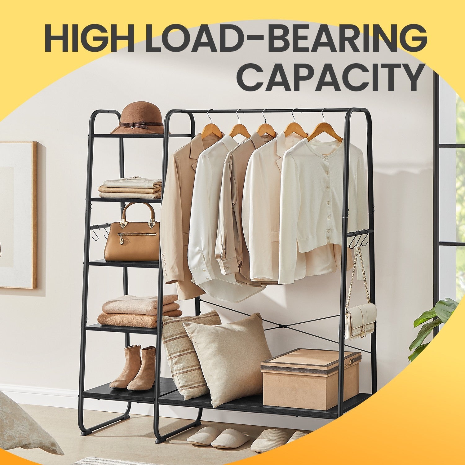 Garment Rack – Metal and Wood – Ebony Black – Shoe Shelf, 5-Tier Storage, 6 Side Hooks