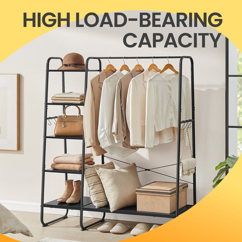 Garment Rack – Metal and Wood – Ebony Black – Shoe Shelf, 5-Tier Storage, 6 Side Hooks