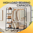 Garment Rack – Metal and Wood – Ebony Black – Shoe Shelf, 5-Tier Storage, 6 Side Hooks