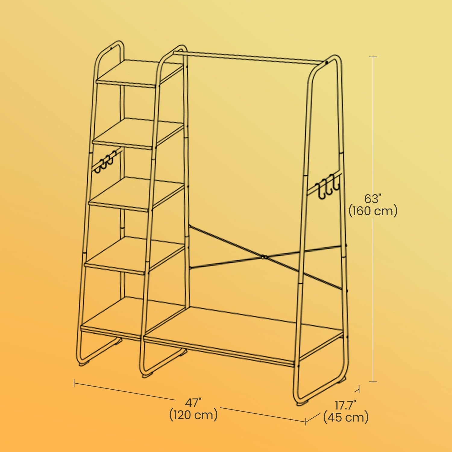 Garment Rack – Metal and Wood – Ebony Black – Shoe Shelf, 5-Tier Storage, 6 Side Hooks