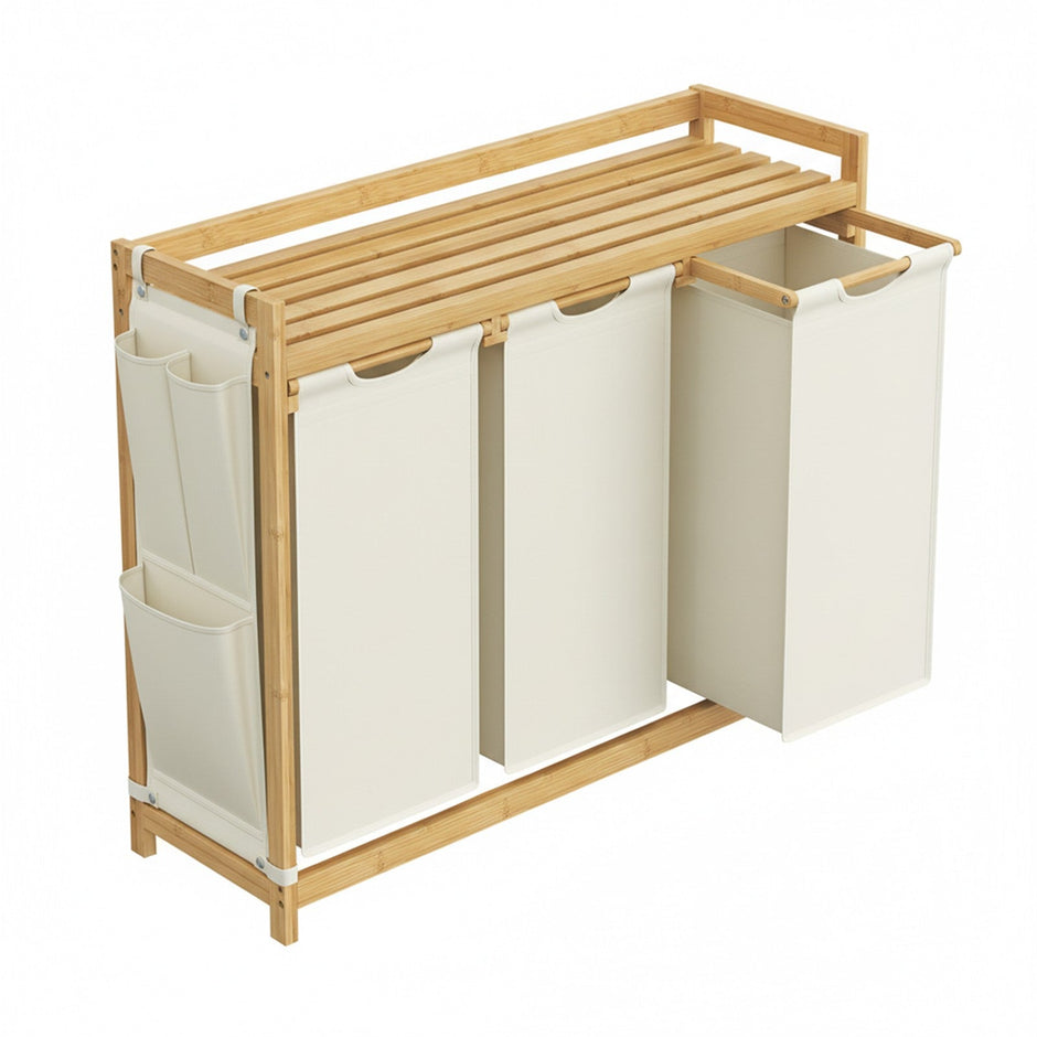 Laundry Sorter – Fabric – Cream White – 3 Compartments with Shelf and Side Pockets, 150L Capacity