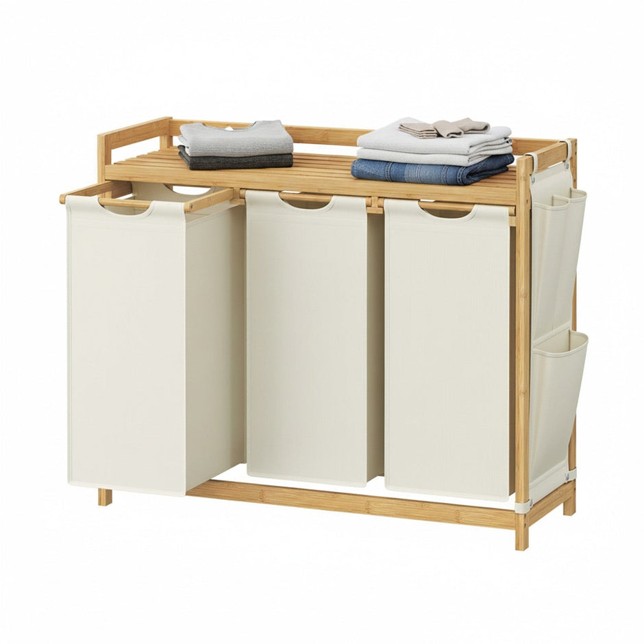 Laundry Sorter – Fabric – Cream White – 3 Compartments with Shelf and Side Pockets, 150L Capacity