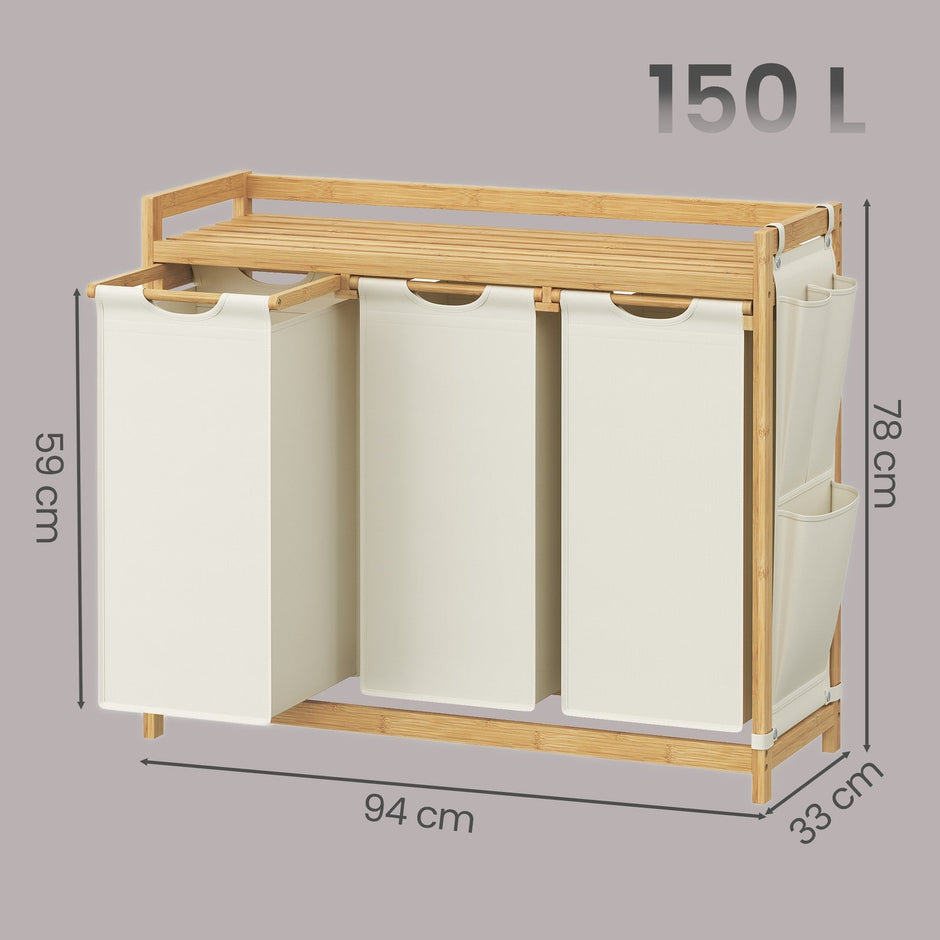 Laundry Sorter – Fabric – Cream White – 3 Compartments with Shelf and Side Pockets, 150L Capacity