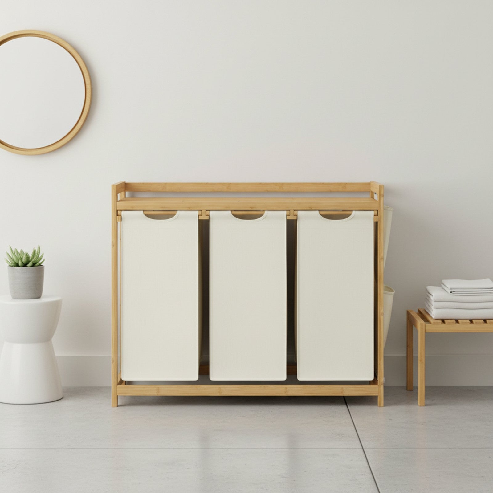 Laundry Sorter – Fabric – Cream White – 3 Compartments with Shelf and Side Pockets, 150L Capacity