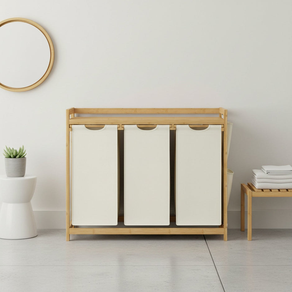 Laundry Sorter – Fabric – Cream White – 3 Compartments with Shelf and Side Pockets, 150L Capacity