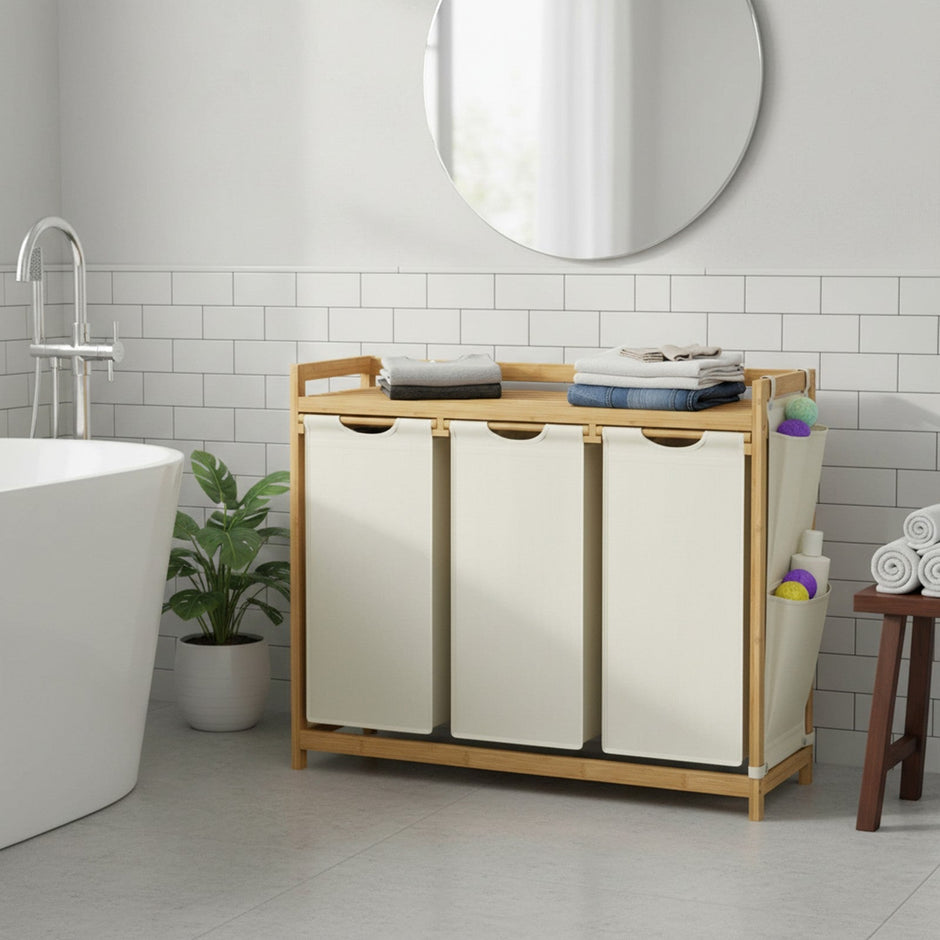 Laundry Sorter – Fabric – Cream White – 3 Compartments with Shelf and Side Pockets, 150L Capacity