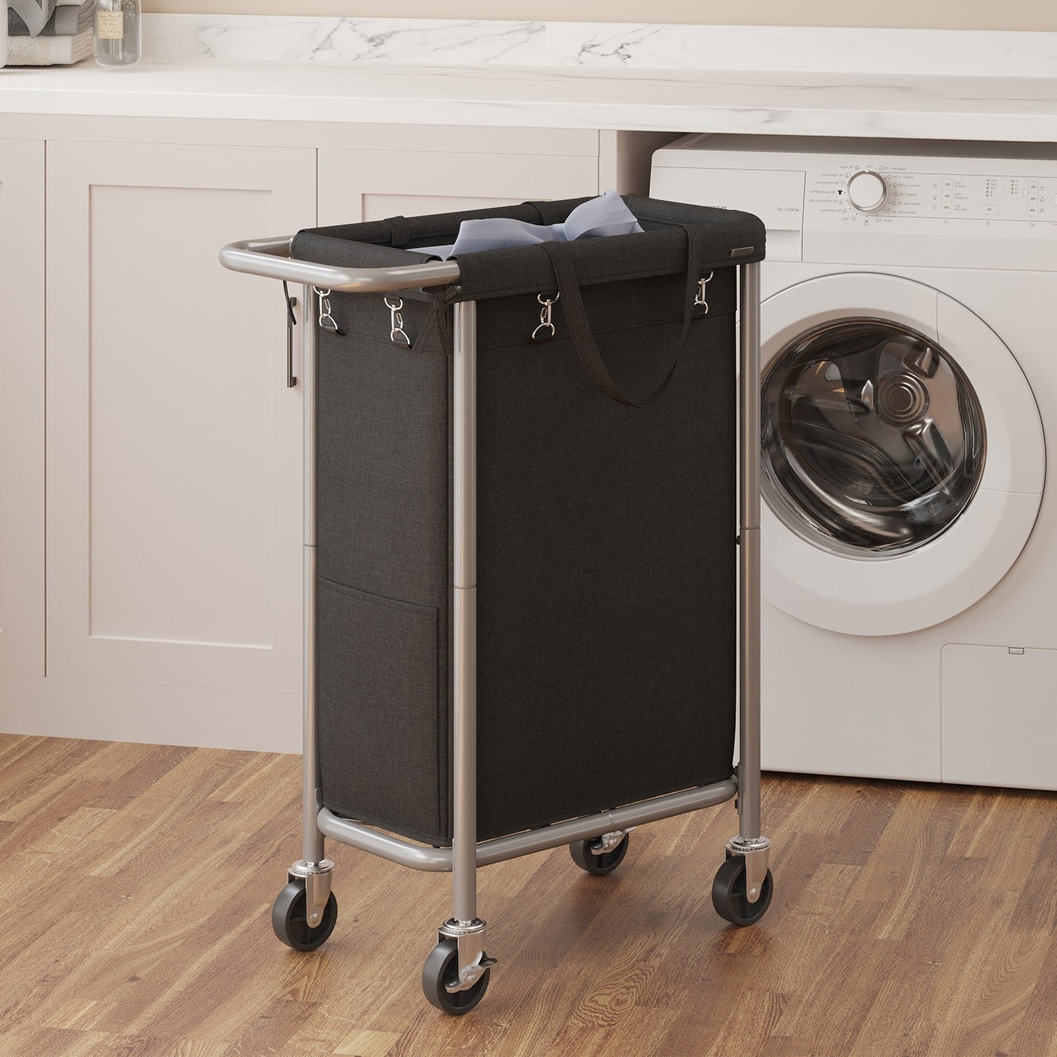 Rolling Laundry Hamper – Steel Frame – Grey – Removable Liner, 90 L Capacity