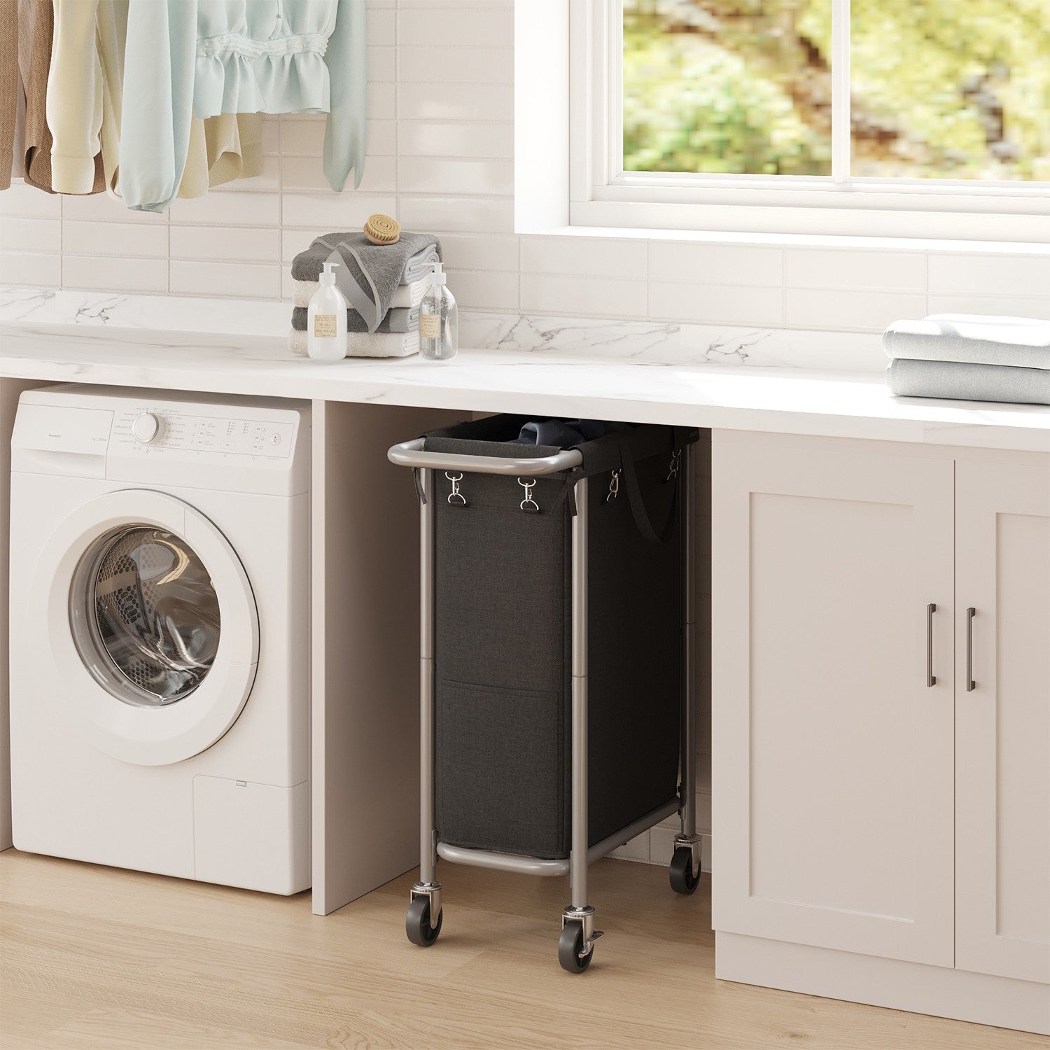 Rolling Laundry Hamper – Steel Frame – Grey – Removable Liner, 90 L Capacity