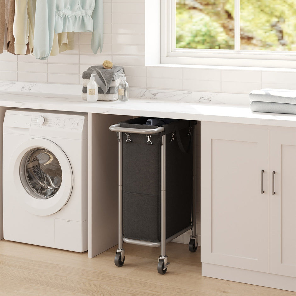 Rolling Laundry Hamper – Steel Frame – Grey – Removable Liner, 90 L Capacity