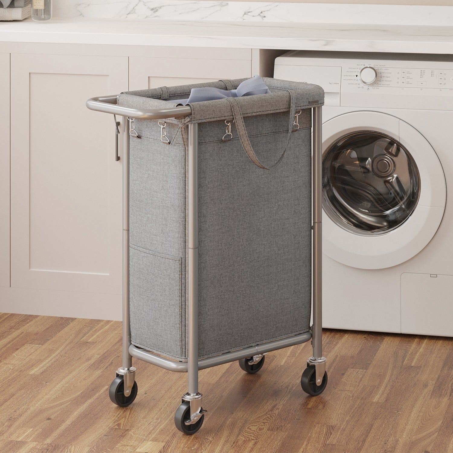 Rolling Laundry Hamper – Steel Frame – Grey – Removable Liner, 90 L Capacity
