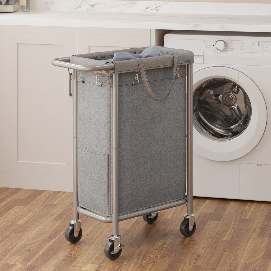 Rolling Laundry Hamper – Steel Frame – Grey – Removable Liner, 90 L Capacity