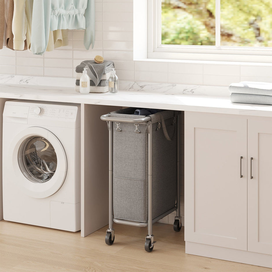 Rolling Laundry Hamper – Steel Frame – Grey – Removable Liner, 90 L Capacity