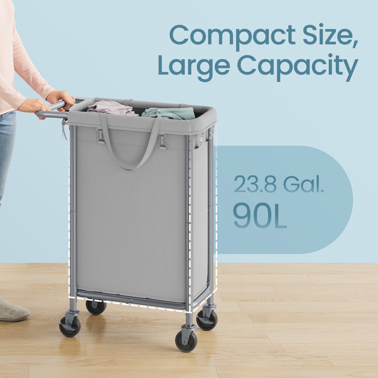 Rolling Laundry Hamper – Steel Frame – Grey – Removable Liner, 90 L Capacity