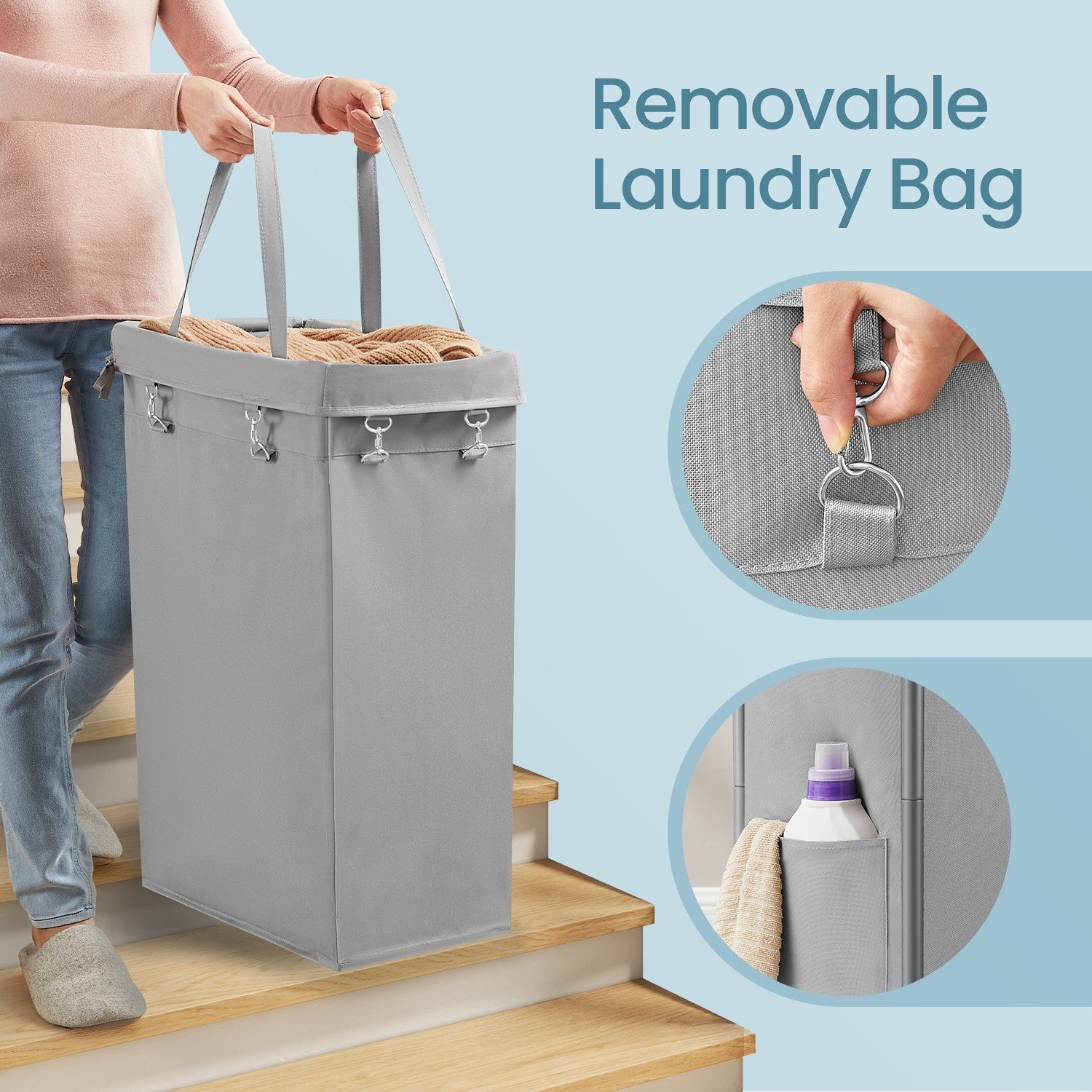 Rolling Laundry Hamper – Steel Frame – Grey – Removable Liner, 90 L Capacity