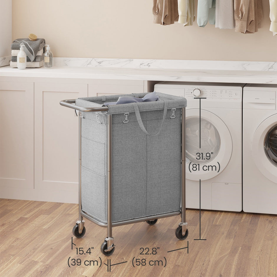 Rolling Laundry Hamper – Steel Frame – Beige – 2-Section with Removable Liner and Handle, 140 L