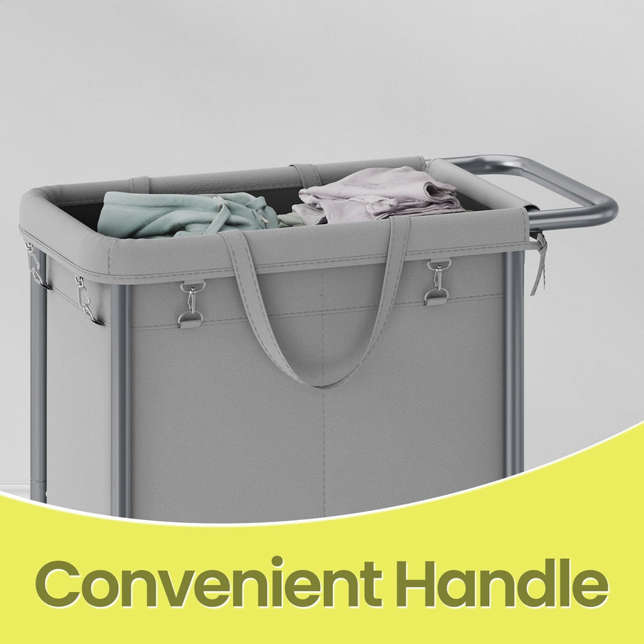 Rolling Laundry Hamper – Steel Frame – Beige – 2-Section with Removable Liner and Handle, 140 L
