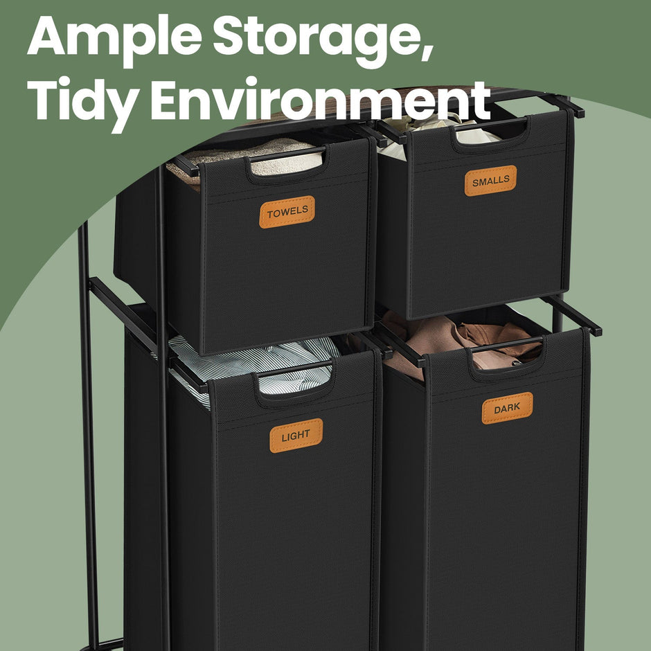 Laundry Sorter – Fabric – Ink Black and Chestnut Brown – Rolling with 4 Removable Liners and Shelf