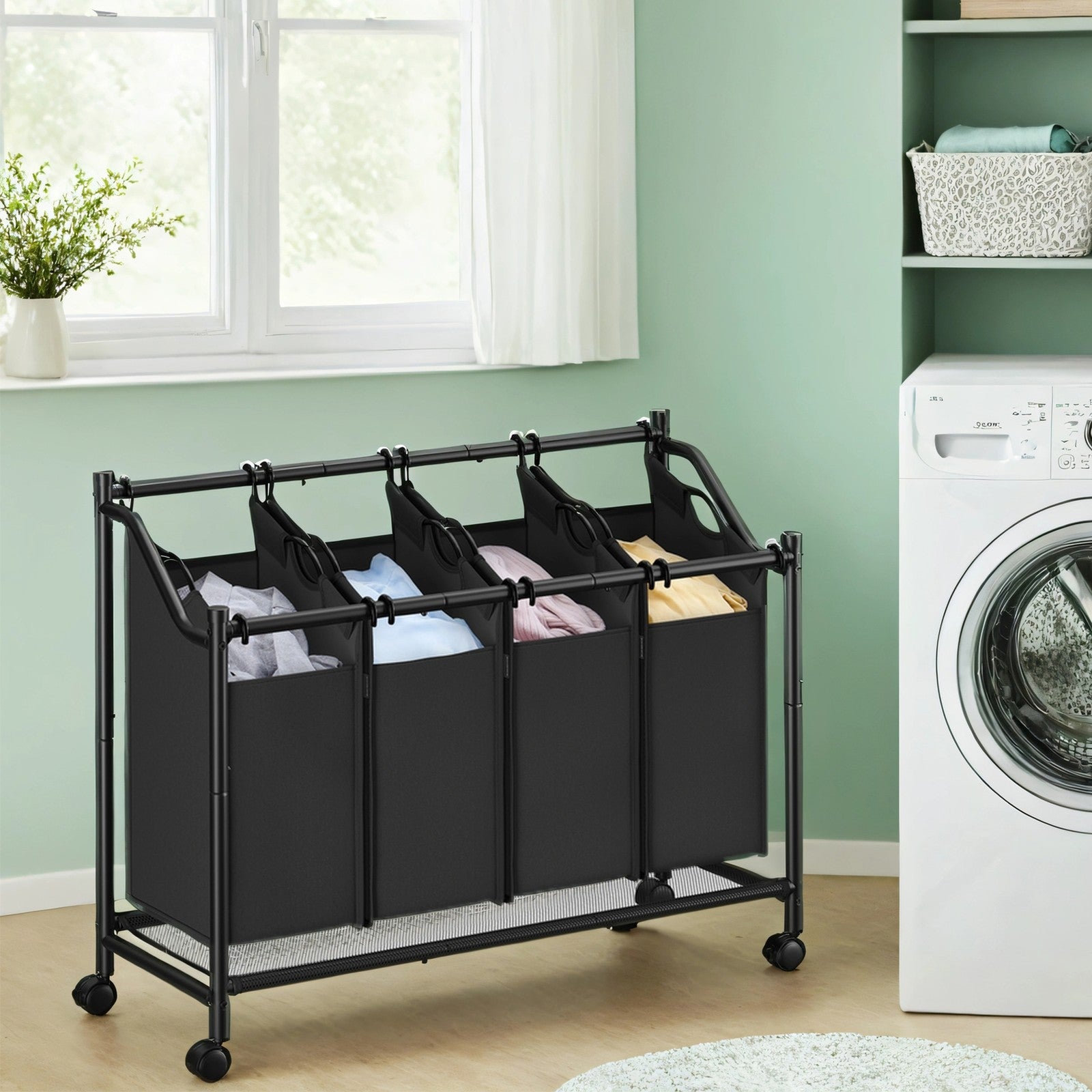 Mobile Laundry Organizer Cart – Fabric – Black – 4 Detachable Bags with Rolling Trolley Design