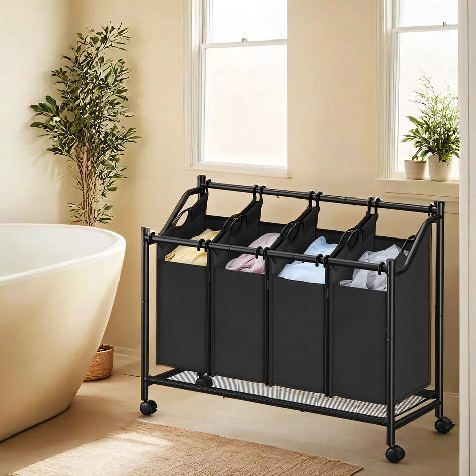 Mobile Laundry Organizer Cart – Fabric – Black – 4 Detachable Bags with Rolling Trolley Design