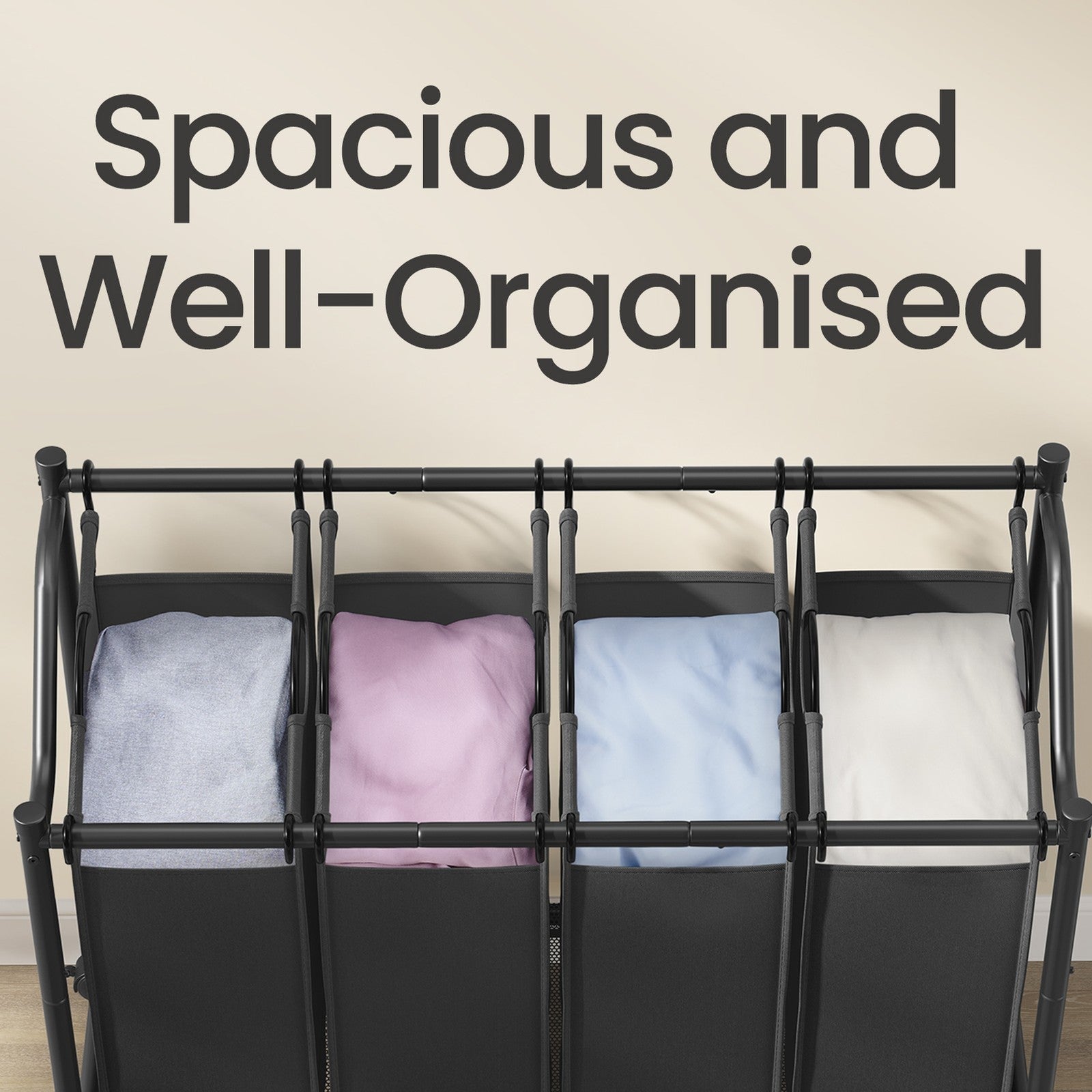 Mobile Laundry Organizer Cart – Fabric – Black – 4 Detachable Bags with Rolling Trolley Design