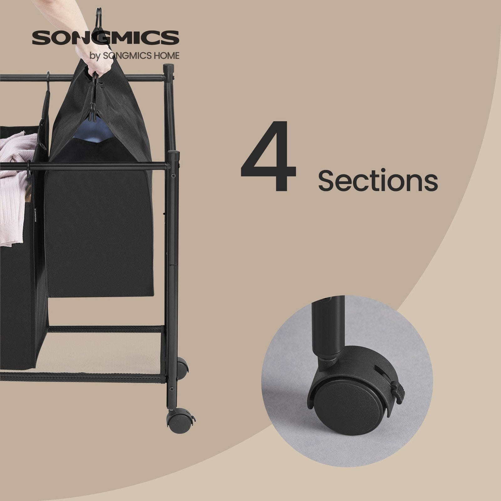 Mobile Laundry Organizer Cart – Fabric – Black – 4 Detachable Bags with Rolling Trolley Design