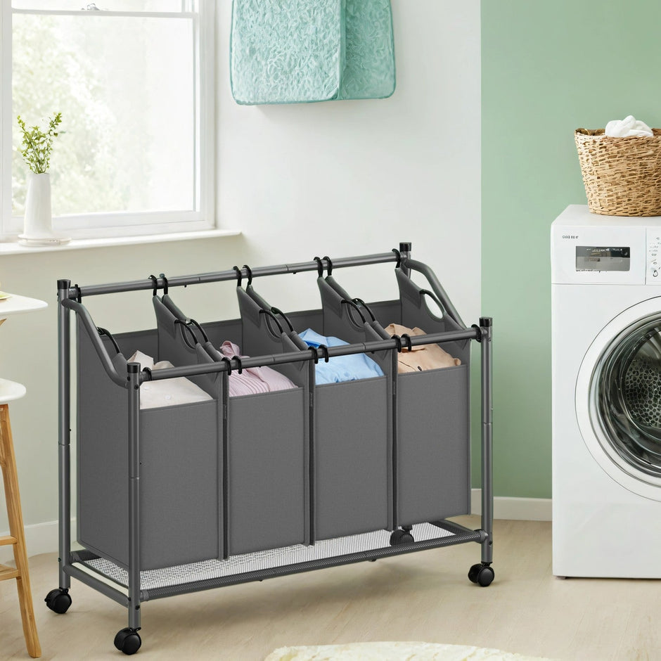 Mobile Laundry Organizer Cart – Fabric – Black – 4 Detachable Bags with Rolling Trolley Design
