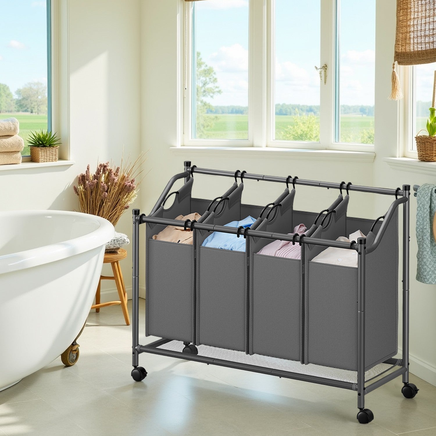 Mobile Laundry Organizer Cart – Fabric – Black – 4 Detachable Bags with Rolling Trolley Design