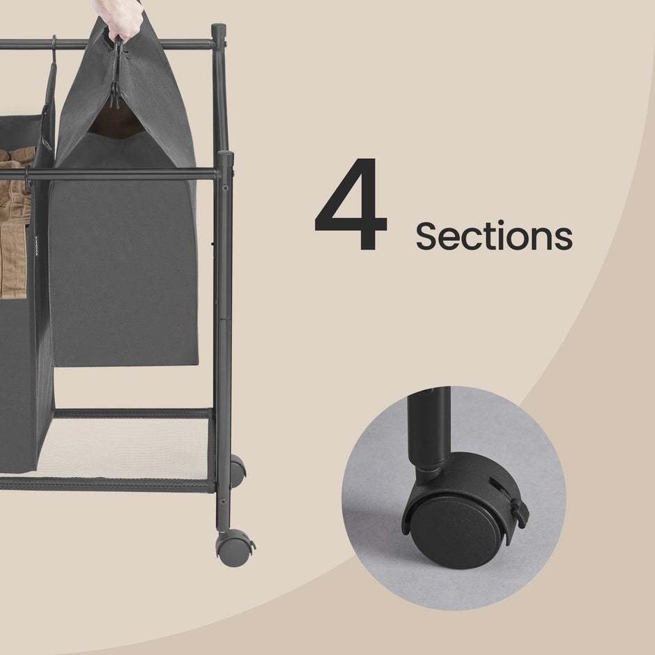 Mobile Laundry Organizer Cart – Fabric – Black – 4 Detachable Bags with Rolling Trolley Design