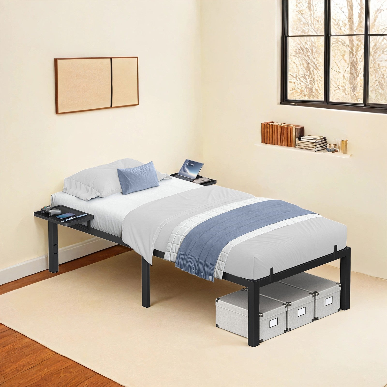 Single Metal Bed Frame – Metal – Black – Includes Bedside Shelves