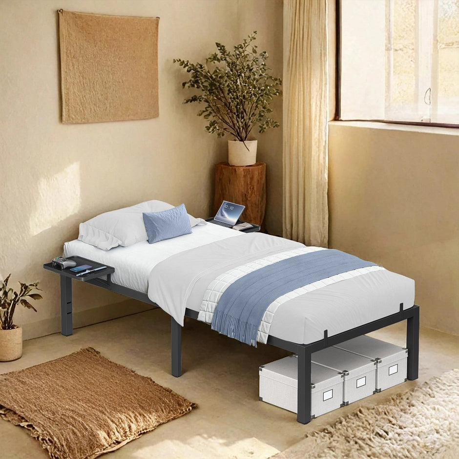 Single Metal Bed Frame – Metal – Black – Includes Bedside Shelves